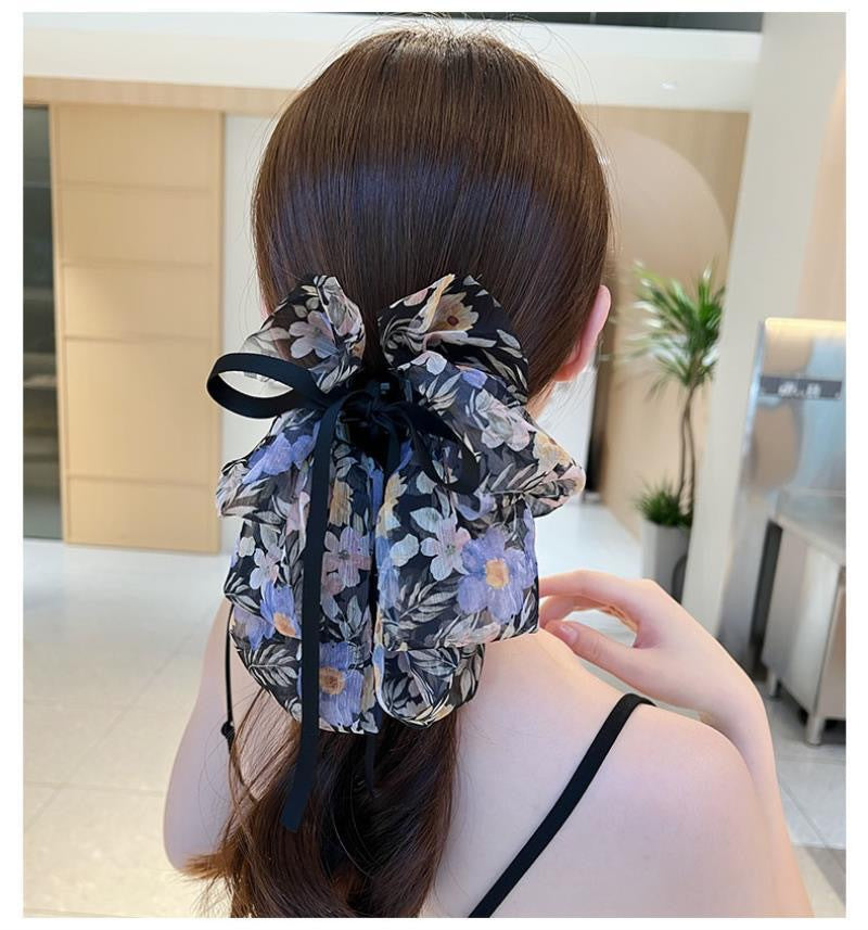 Wholesale Chiffon Fabric Romantic Floral Print Bow Gripper
